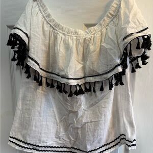 PPLA White Off-Shoulder Tassel Top with Black Trim